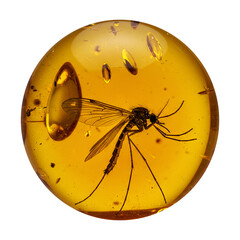 Realistic mosquito fossil preserved in golden amber on transparent background PNG Generative AI