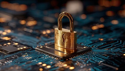 A golden padlock sits atop a circuit board. The blurred background glows warmly