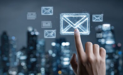 A hand touches a glowing envelope icon, hovering over blurred cityscape. Digital communication
