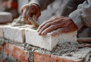 Close-up captures a construction worker placing a brick with mortar, building a wall