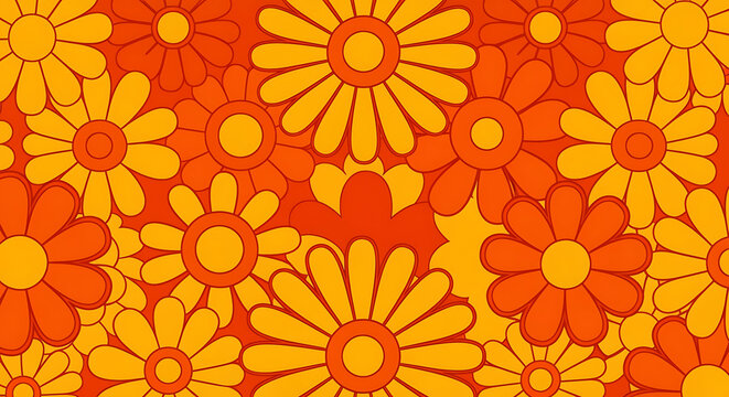 Vibrant retro floral seamless pattern featuring stylized daisies in warm orange and yellow colors, reminiscent of 1960s and 1970s psychedelic groovy designs, perfect for vintage backgrounds and textil