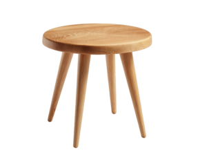 A small, round, light brown wooden side table with three tapered legs, isolated on transparent background