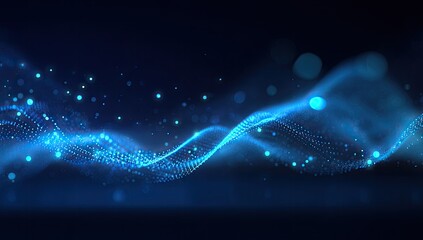 Abstract blue wave comprised of shimmering particles, on a dark background, suggesting motion
