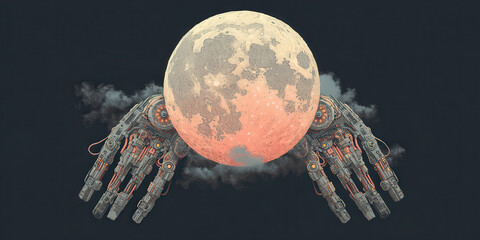 Futuristic moon with mechanical arms extends into space, blending celestial and technological elements in surreal scene. moon surface is detailed, and mechanical arms add sci fi touch