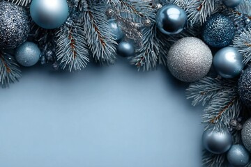 Blue Christmas background with pine tree branches and shiny balls decoration. Xmas frame, greeting card template, banner mockup. Flat lay, top view, copy space.