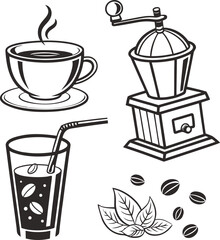 A hot espresso or cappuccino set of coffee cups with coffee beans is a perfect icon for a cafe design illustration