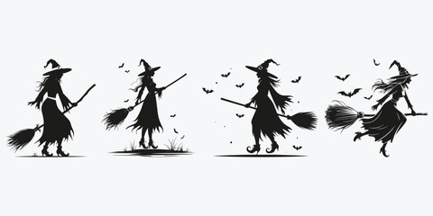 witch on a broom sketch illustration vector set