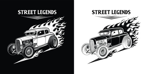 Vintage hot rod car with flames, representing street legends, in a dynamic illustration style, suitable for automotive or retro themes