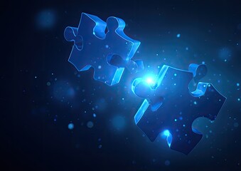 Two luminous blue jigsaw puzzle pieces floating with a dark, sparkly background