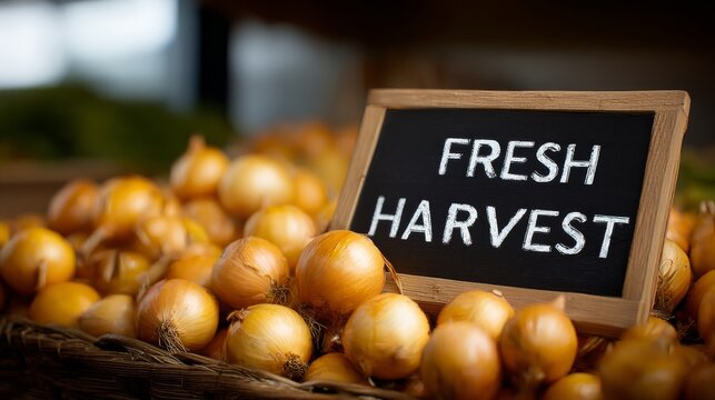 A close-up of fresh yellow onions with a rustic sign reading 'Fresh Harvest' in a vibrant market setting. - Powered by Adobe