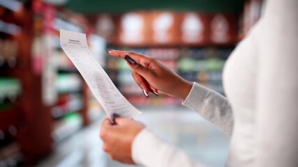 Woman Holding Grocery Store Receipt With Item Prices