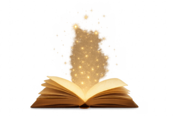 Open book glowing with magic sparkling dust