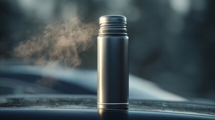 A sleek stainless steel thermos emits steam, set against a blurred winter background, evoking warmth and comfort.
