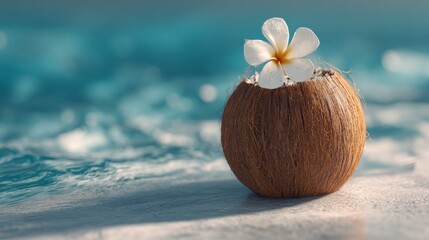A tropical coconut half with a white flower rests on smooth blue water, capturing a serene and inviting atmosphere.