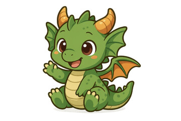 Obraz premium Cute baby green dragon cartoon waving hello