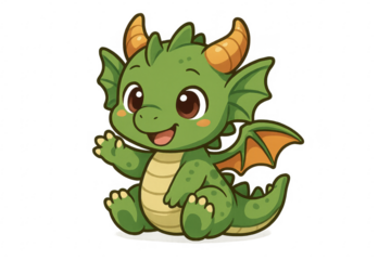 Cute baby green dragon cartoon waving hello