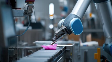 Focused medium shot of a cuttingedge robotic fillet system operating in a clean facility delivering precise cuts rapidly with the background gently out of focus.