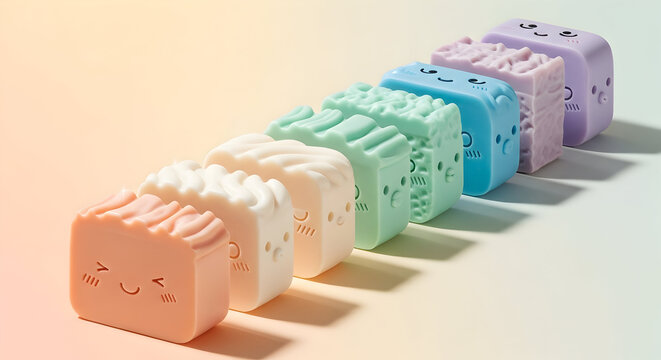"Kawaii Soap Rainbow" – For the smiling pastel soap bars in a gradient.