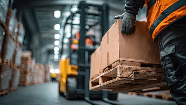 Industrial scene of worker and forklift handling a box in a large warehouse