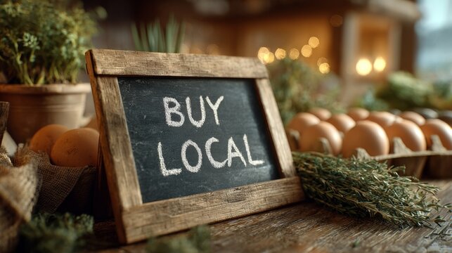 A rustic wooden sign displaying 'Buy Local' sits among fresh eggs and herbs, promoting community support and sustainability. - Powered by Adobe