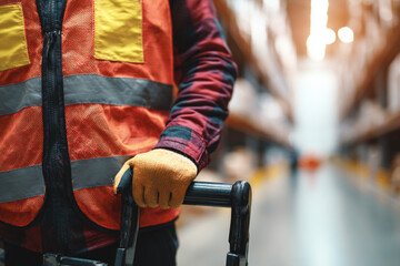 Warehouse Worker with Safety Vest Operating Pallet Jack