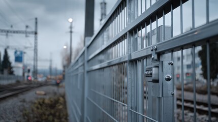 Medium shot showing a sturdy metal fence with integrated motion sensors designed to alert against unauthorized access at an industrial site.
