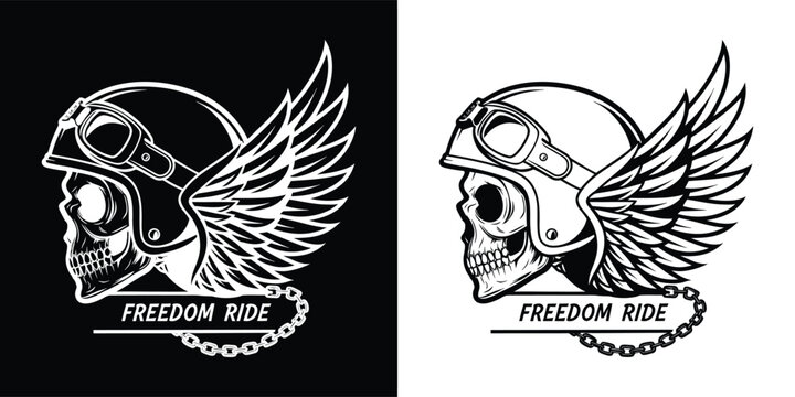 Skull with wings and helmet, text freedom ride and chain, vintage biker emblem, grunge style, isolated on white background