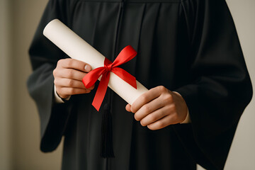 Certificate, back and hand holding college paper with cheer, success and motivation with achievement