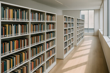 modern library interior with shelves filled with books