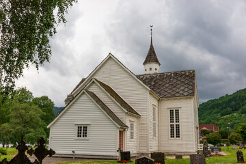 White wooden church in Ulvik, Norway.