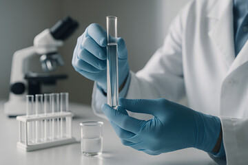 Scientist or medical in lab coat holding test tube with reagent, Laboratory glassware containing chemical liquid