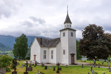 White wooden church in Ulvik, Norway.