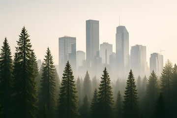 Futuristic city skyline with tall illuminated buildings surrounded by lush green forest