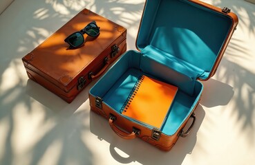 Open suitcase, notebook, sunglasses lay under sunlight. Retro style baggage packing for summer vacation journey. Holiday preparation concept on sunny day. Travel flatlay aesthetic. Stylish brown