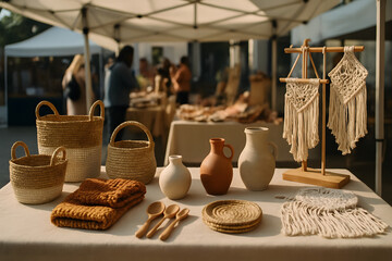 Craftspeople showcase their handmade items on a table