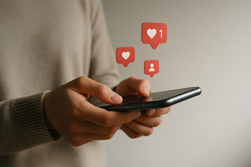 Social media engagement concept, hands holding smartphone with floating like and heart icons, digital marketing and online interaction theme