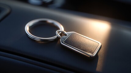 Close-up of a silver keychain with a sleek black tag resting on a car dashboard, reflecting soft sunlight.
