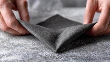Pair of hands holding a folded piece of grey fabric. the fabric appears to be made of a soft, textured material and is resting on a gray surface.