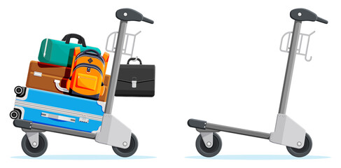 Luggage trolley full of travel bags and empty shopping cart. Airport baggage and tourism concept. Holiday trip and vacation item.