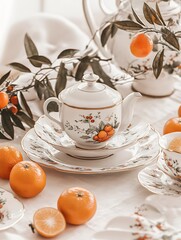 Tea set with Floral Detailing and Fresh Mandarin Oranges on a Linen Tablecloth