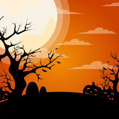 Halloween Night Background with Full Moon, Trees, and Bats