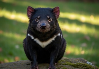 Close up portrait of a black tasmanian devil with white chest markings outdoors
