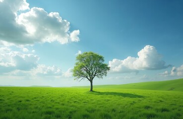 Fototapeta premium Single green tree stands alone in vast grassy field under bright blue sky with fluffy white clouds. Peaceful natural landscape offers a sense of calm and solitude.