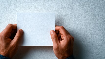 Two hands holding a blank paper sheet against a textured background, ideal for creative and promotional concepts.