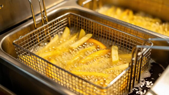 Slices of potatoes are cooking in hot oil until they turn golden and crispy. The process happens during a bustling dinner rush in a lively kitchen setting