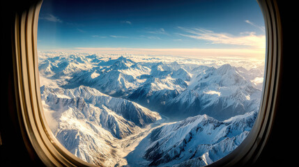 Aerial view of snow-capped mountains seen through an airplane window on a sunny day. The stunning vista of majestic, snow-covered mountain ranges unfolds beneath clear, blue sky from airplane window