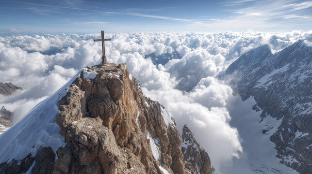 Cross atop a mountain peak above clouds, symbolizing faith and heaven. Wooden cross stands on mountain summit, piercing sky above sea of clouds, evoking themes of faith, hope, spiritual ascension - Powered by Adobe