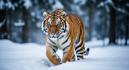 Majestic siberian tiger walks through a snow covered winter forest