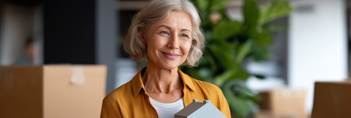 Elderly caucasian woman smiling indoors holding model house