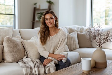 Young caucasian female relaxing on cozy sofa with coffee in modern living room